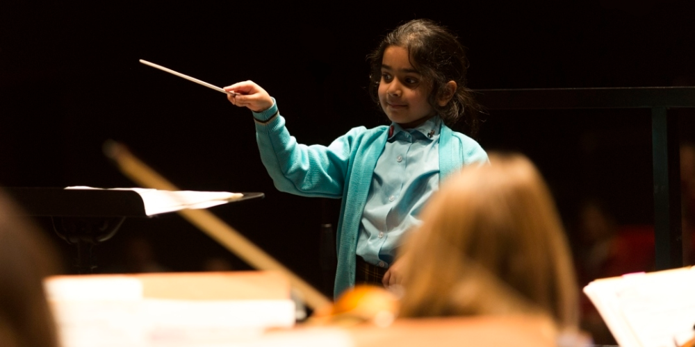 Image of a child conducting the orchestra.